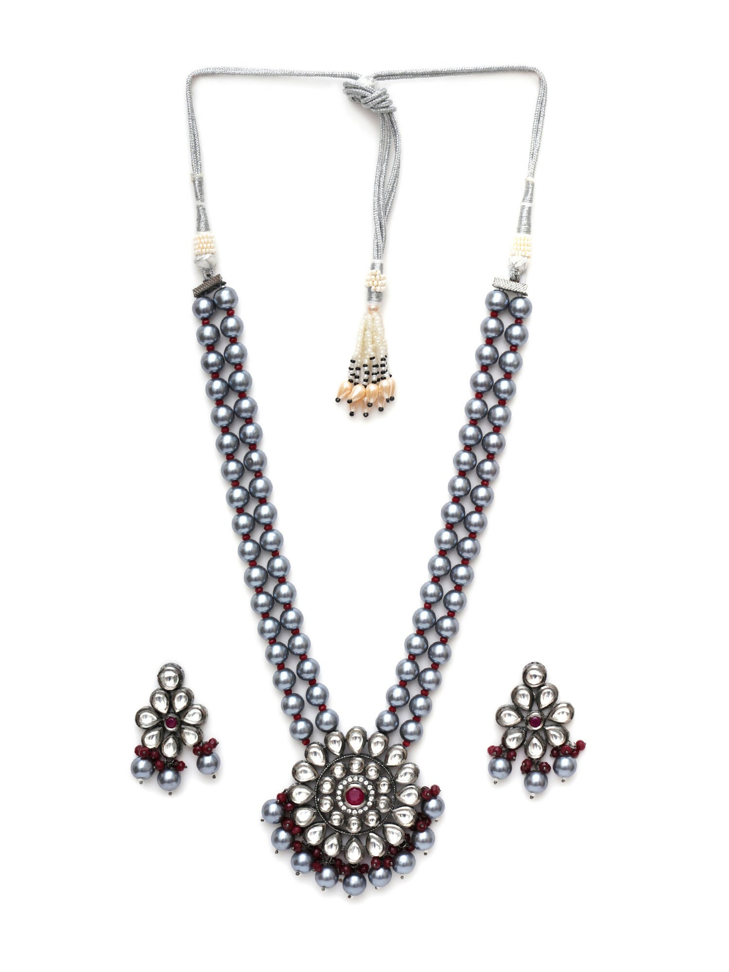 Long Kundan Neckpiece with Earrings with Multi Stones Jewellery Set (Grey) - Ruby Raang - Swadesiicart