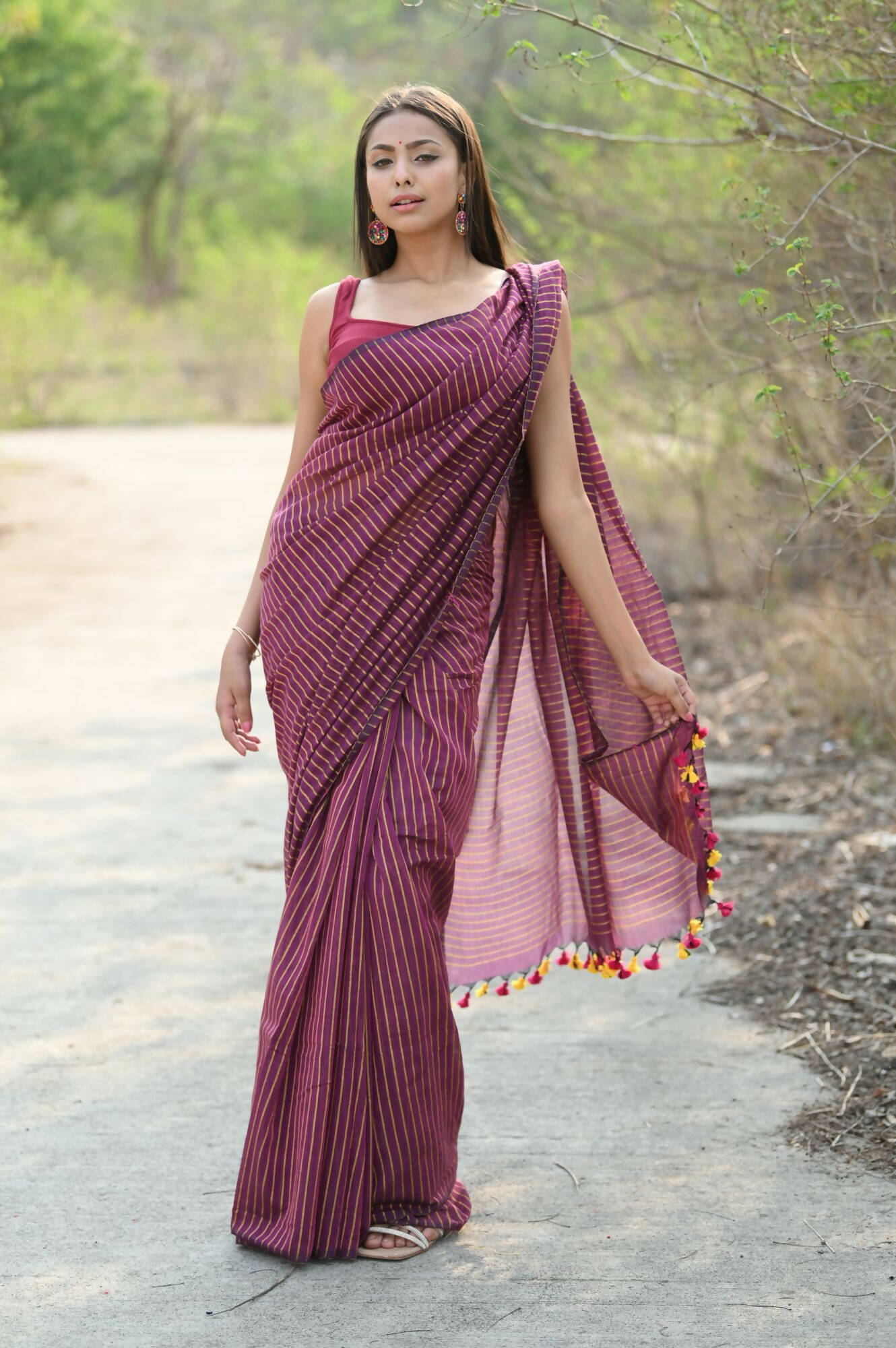 Very Much Indian Designer Pure Cotton Saree With All Over Linear Stripes - Maroon | Swadesiicart