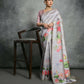 Vishnu Weaves Women's Grey Soft Tussar Silk Printed Saree with Blouse - Swadesiicart