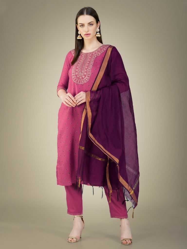 Jyoti Fashion Women's Wine Cotton Magic Slub Embroidery & Sequence work Kurta with Trouser & Dupatta | Swadesiicart