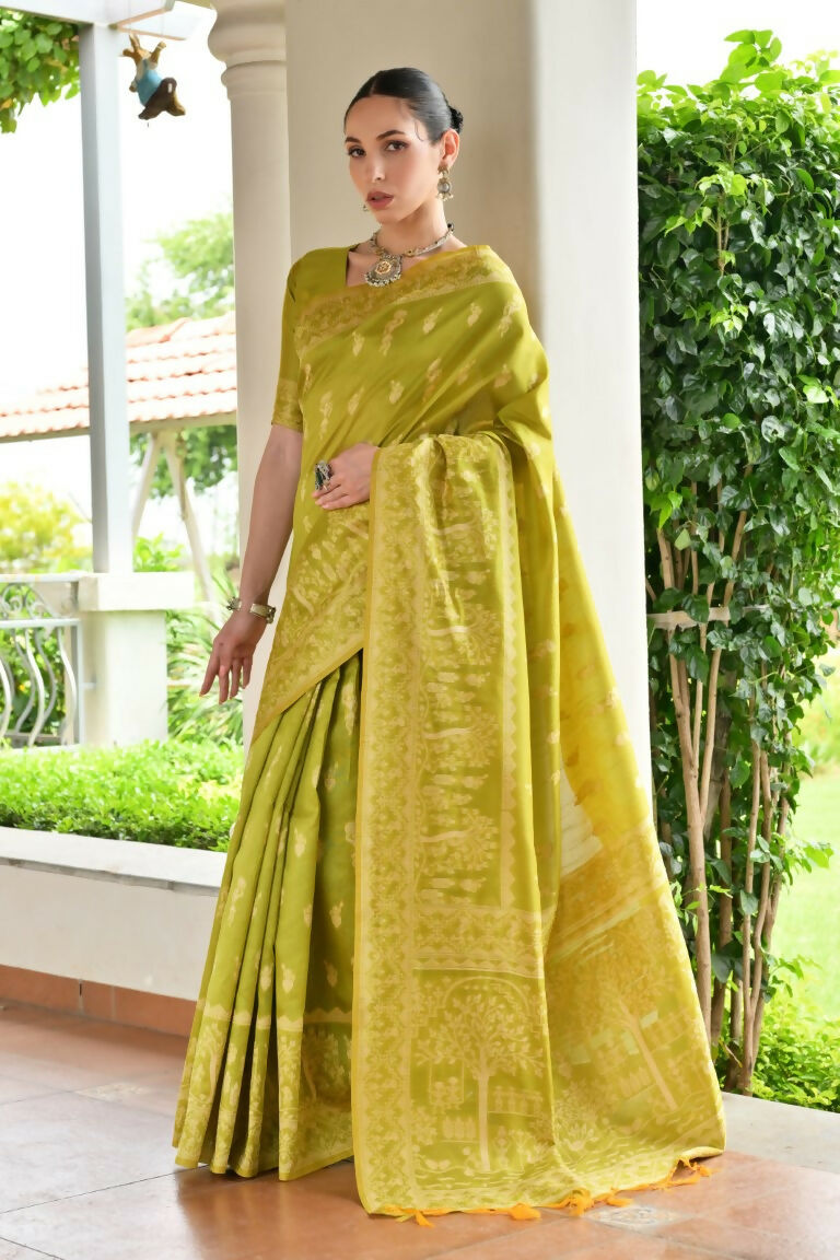 Vishnu Weaves Women's Mahendi Handloom Raw Silk Thread Weaving Saree with Blouse - Swadesiicart
