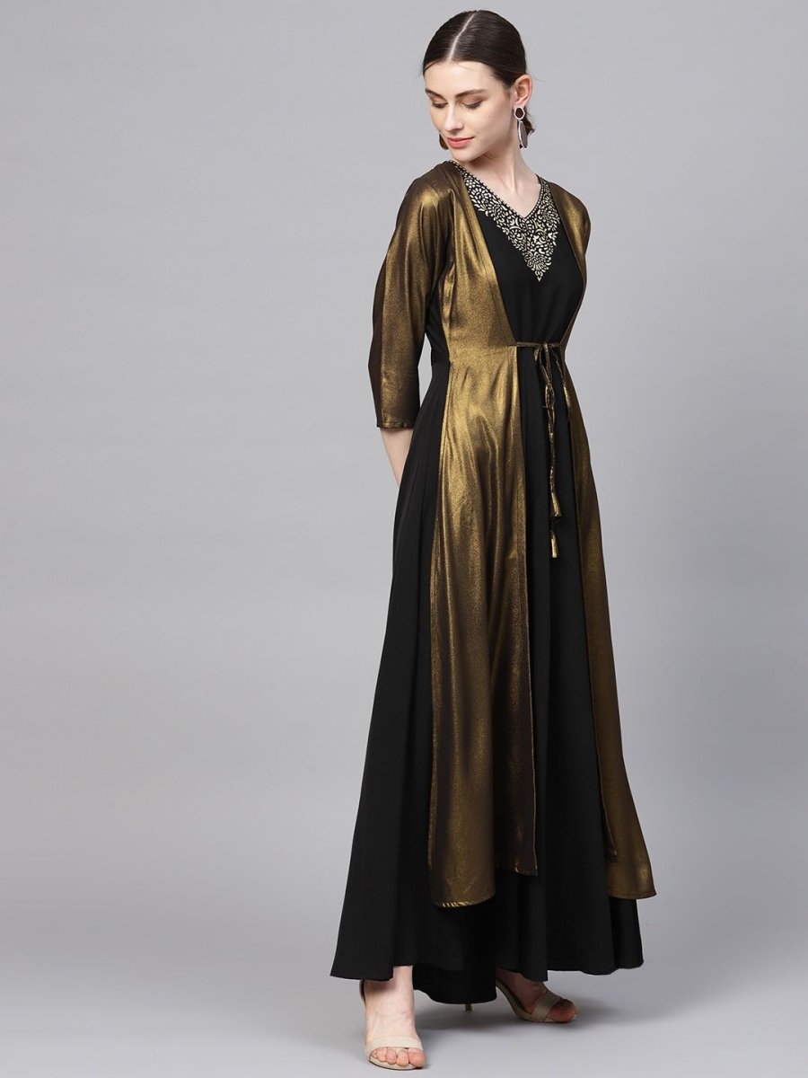 Ahalyaa Women's Black Crepe Dress with Attached Jacket | Swadesiicart