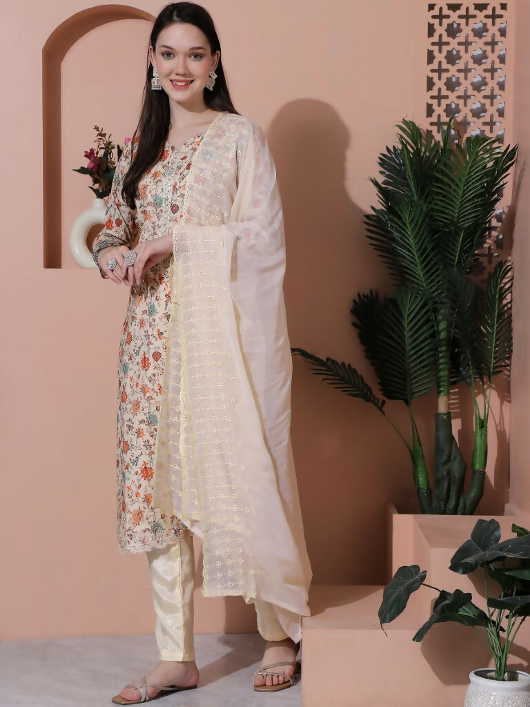 Jyoti Fashion Women's Beige Cotton Floral Digital Printed Kurta with Trouser & Dupatta | Swadesiicart