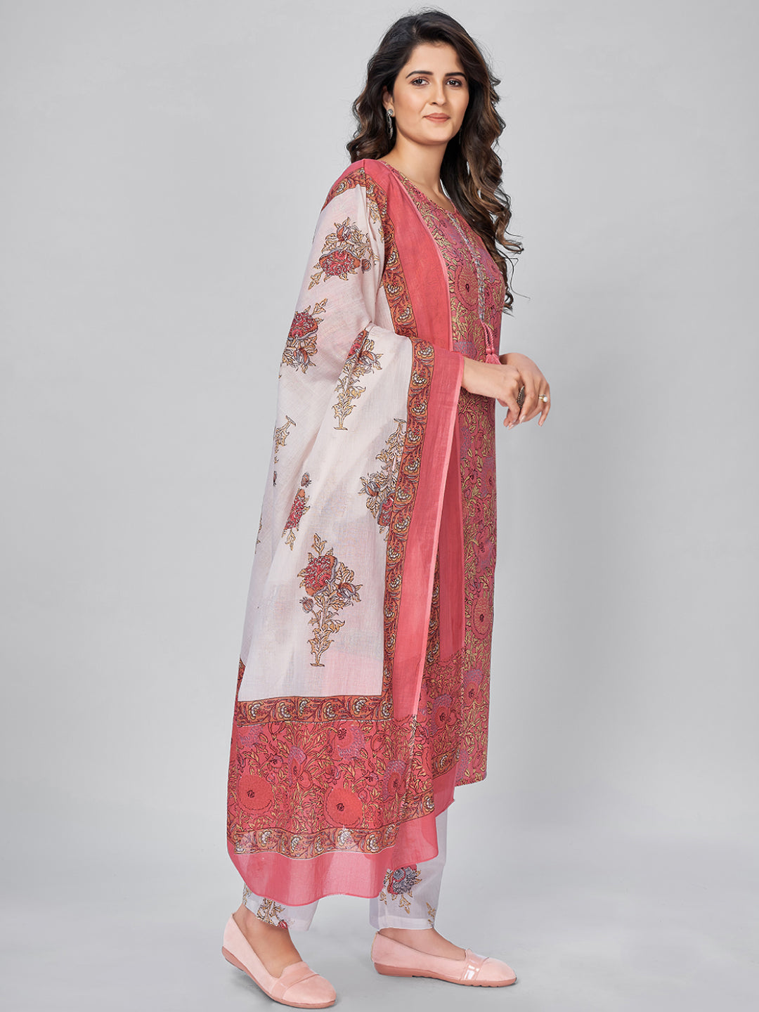 NOZ2TOZ Women's Pink Cotton Kurta & Pant With Dupatta- (3pcs set) - Swadesiicart