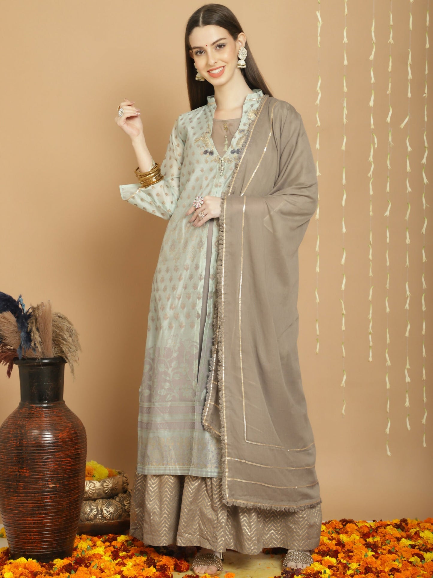 Jyoti Fashion Women's Green Chanderi Silk Elegant Jardoshi Semi Kurta with Trouser & Dupatta | Swadesiicart
