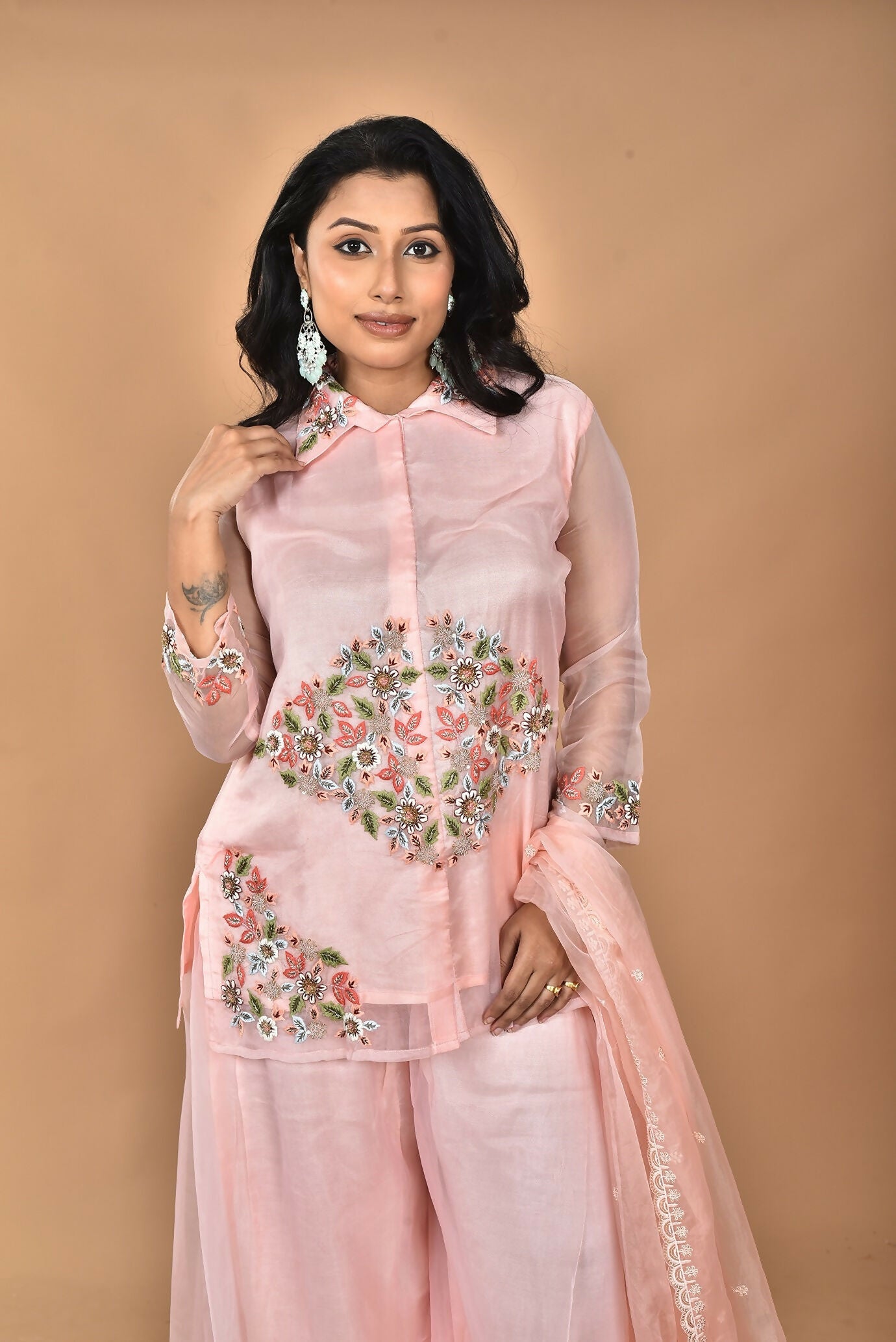 Morchari Women And Hand Embroidery Palazzo Set-Peach - Swadesiicart