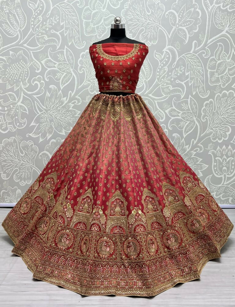 Jyoti Fashion Women's Red Bridal Net Fancy Dori & Sequins Multi Thread Embroidered with Diamond Work Wedding Lehenga Choli | Swadesiicart