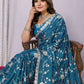 Blue Pure Satin Embroidered Saree With Stitched Blouse - Nimaya Kaksha