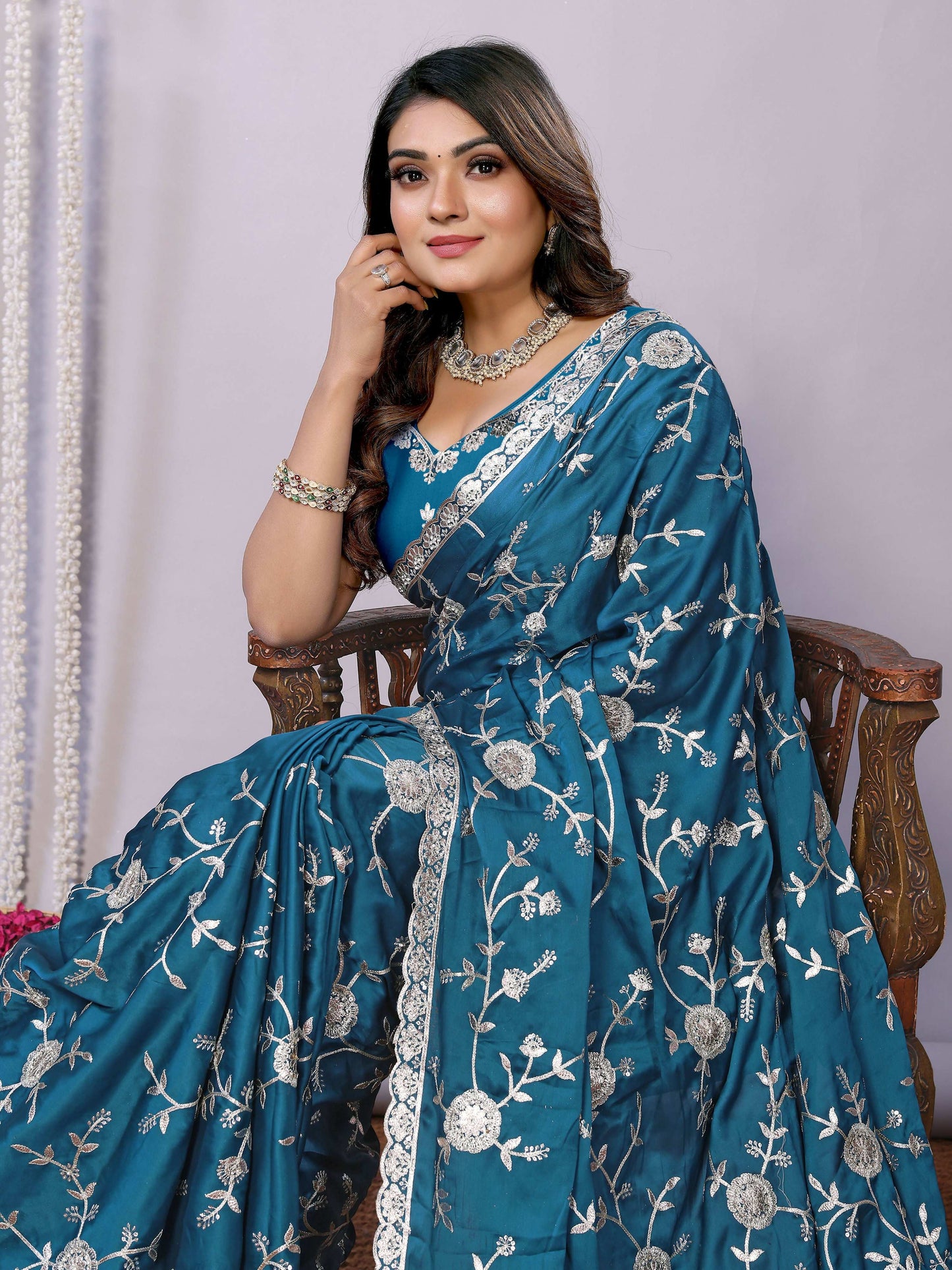 Blue Pure Satin Embroidered Saree With Stitched Blouse - Nimaya Kaksha