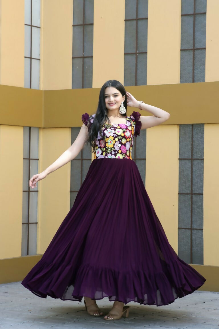 Jyoti Fashion Women's Wine Sequins Thread Embroidery Faux Blooming Anarkali Dress | Swadesiicart