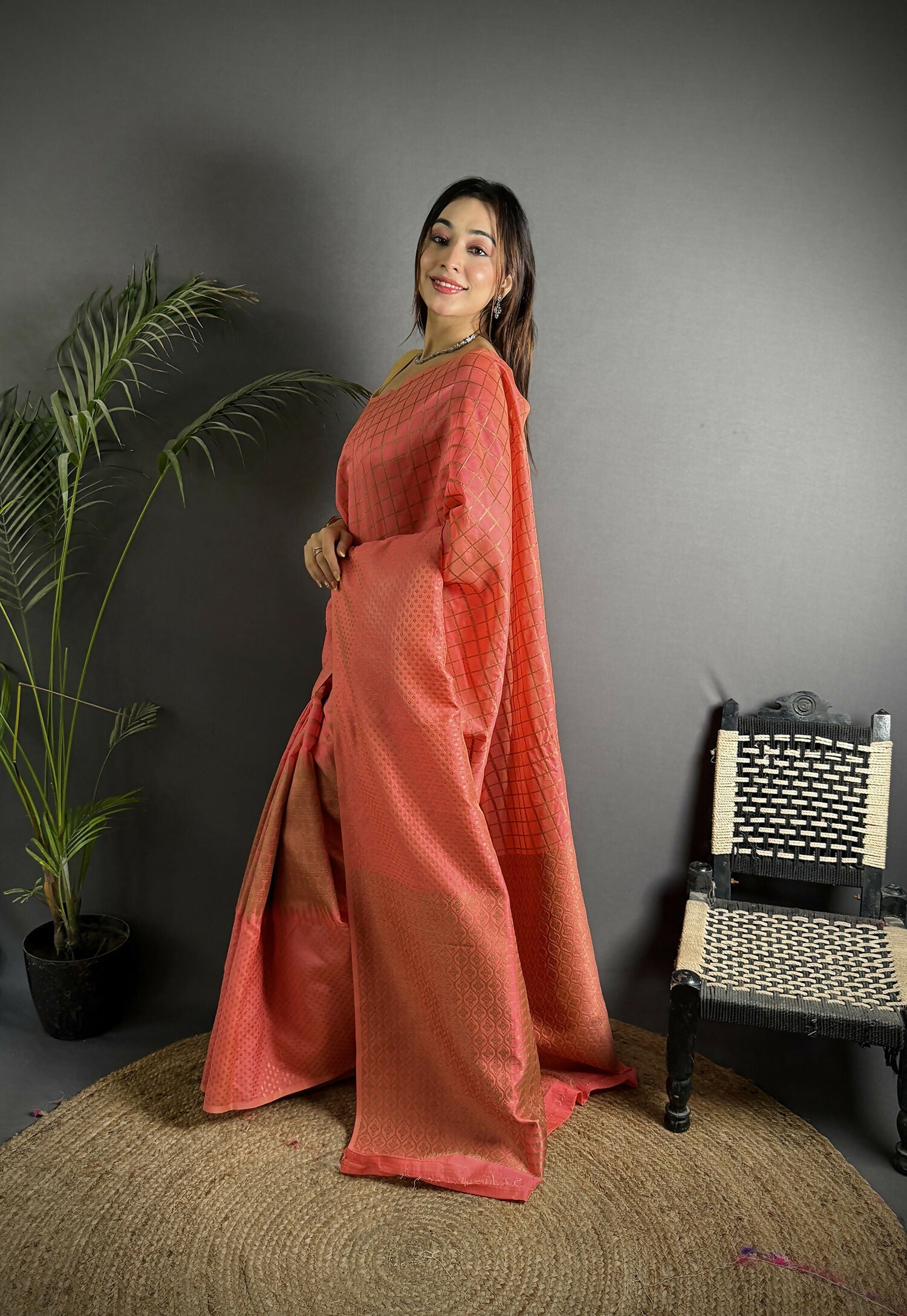Joban Fashion Peach Banarasi Soft Lichi Silk Checks & Woven Saree | Swadesiicart
