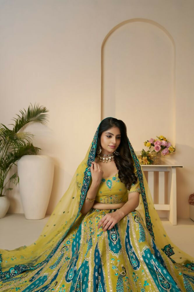 Kesar Fab Yellow Banarasi Silk Embroidered Lehenga | Swadesiicart