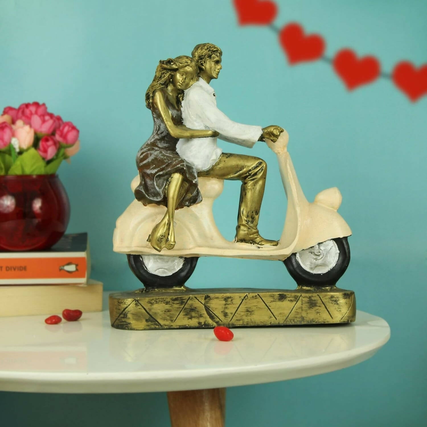 Tied Ribbons Romantic Love Couple On Scooter Showpiece Statue Decorative Items For Home | Swadesiicart