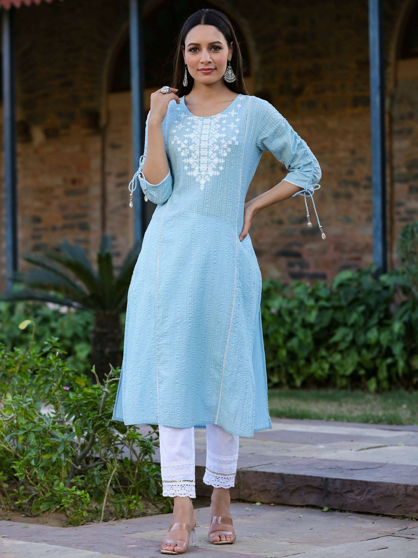Juniper Women's Blue Sheer Sucker Embroidered Straight Kurta | Swadesiicart