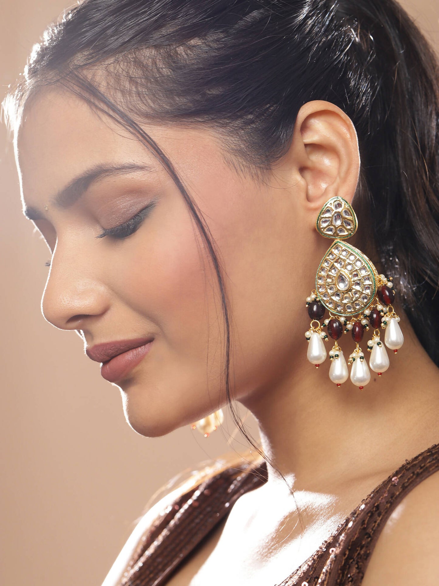 Gold-Toned White Kundan Contemporary Gold-Polished Jhumkas Earrings - Ruby Raang | Swadesiicart