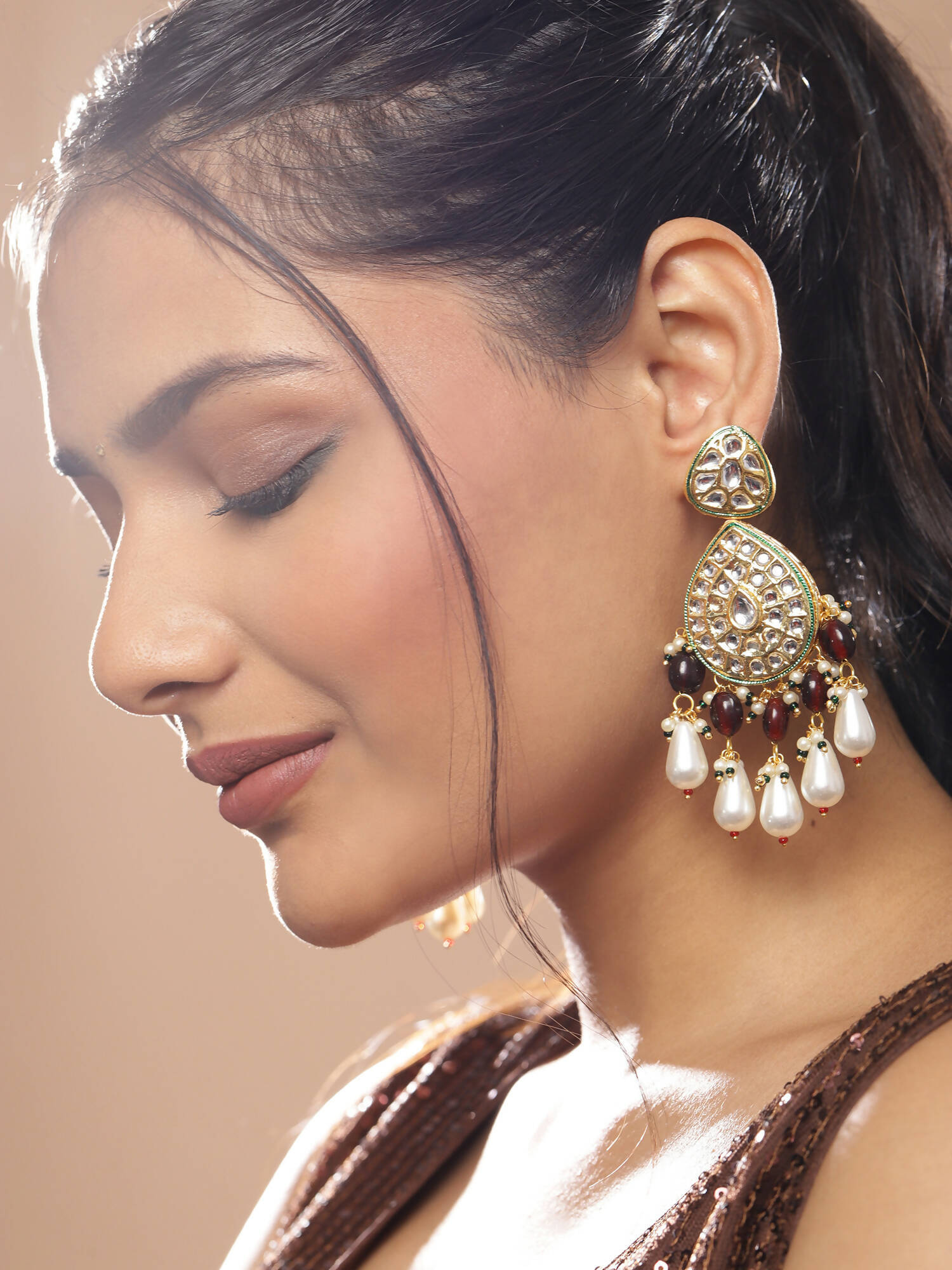 Gold-Toned White Kundan Contemporary Gold-Polished Jhumkas Earrings - Ruby Raang | Swadesiicart