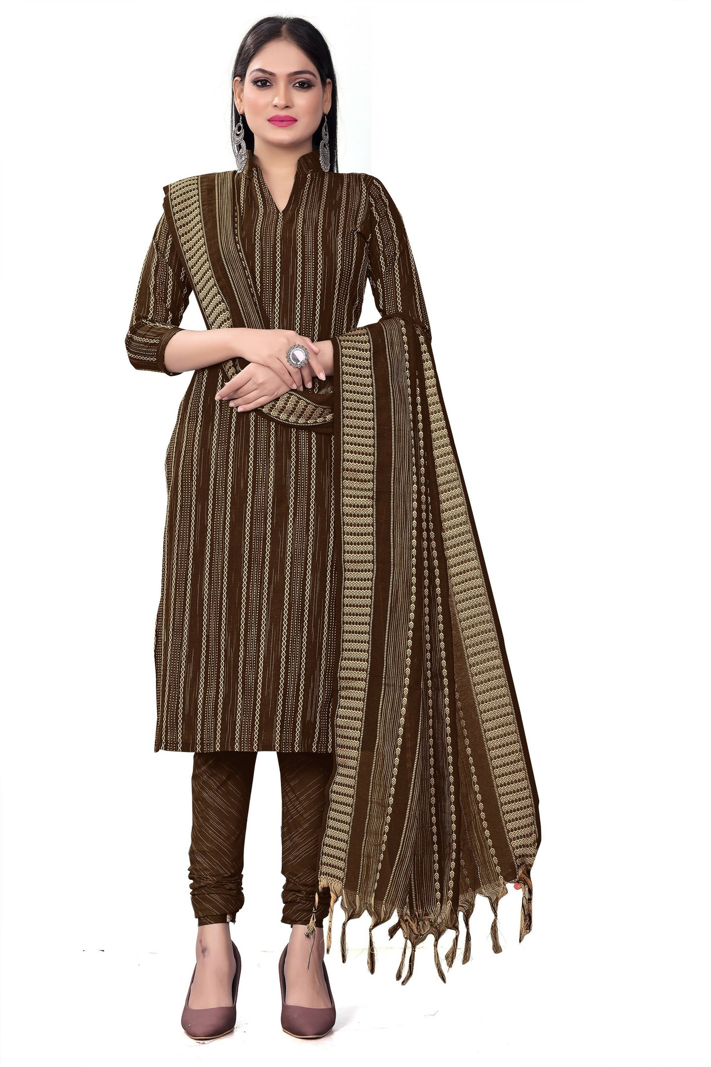 Brown Cotton Jacquard Woven Unstitched Dress Material - Tanvi