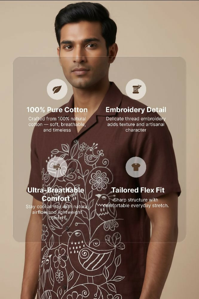 Botan — Brown Embroidered Cotton Shirt by Hilo Design