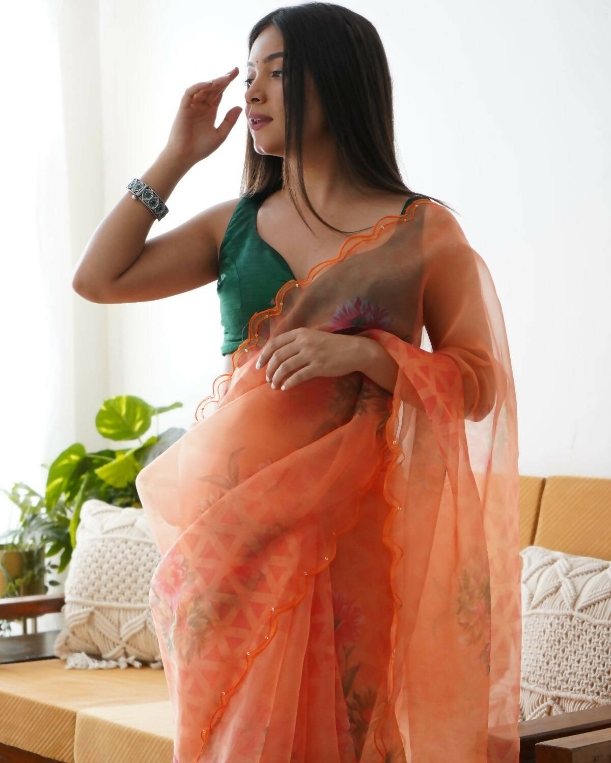Vamsee Orange Organza Saree - Swadesiicart