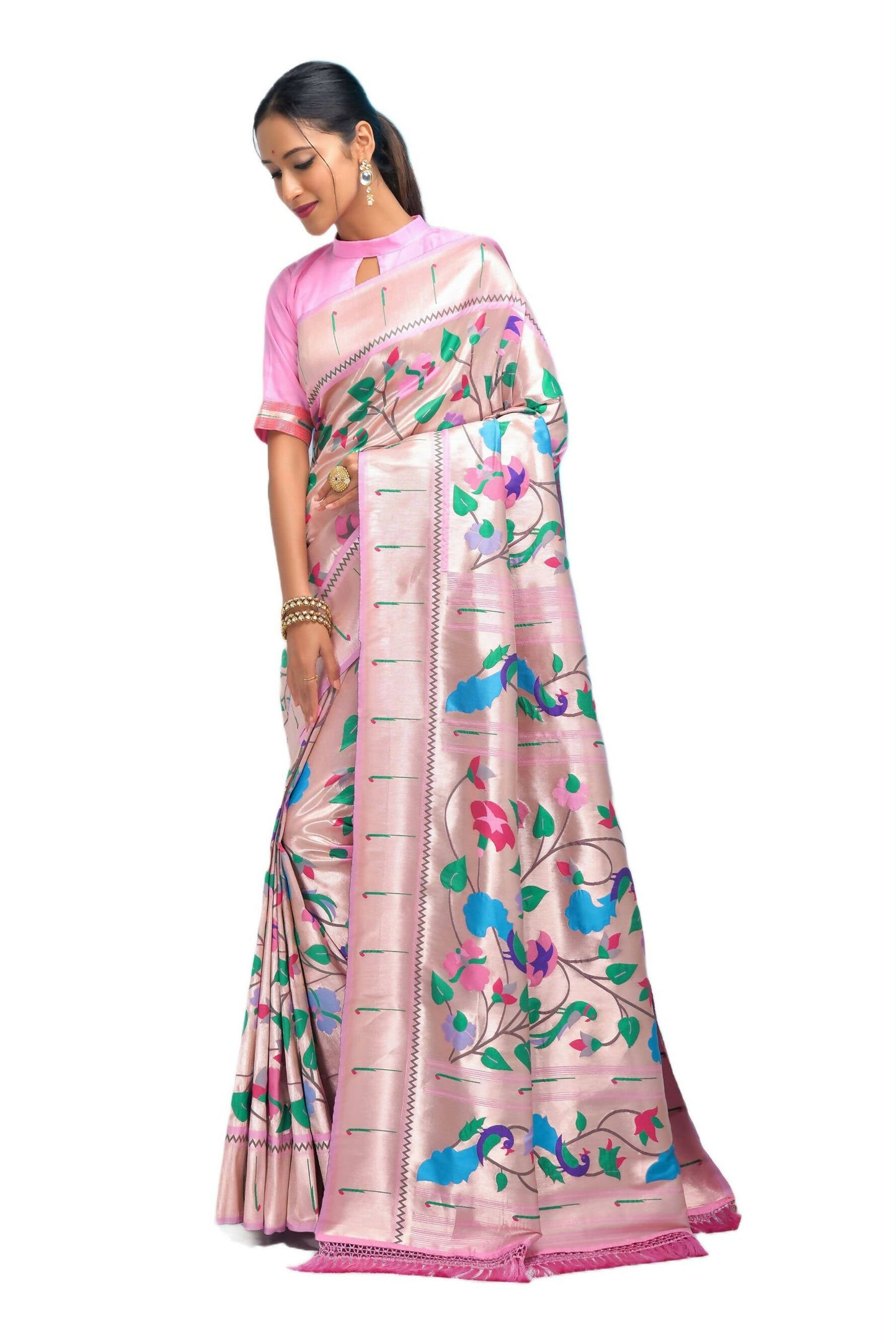 Vishnu Weaves Women's Baby Pink Paithani Silk Minakari Zari Woven Saree with Unstitched Blouse - Swadesiicart