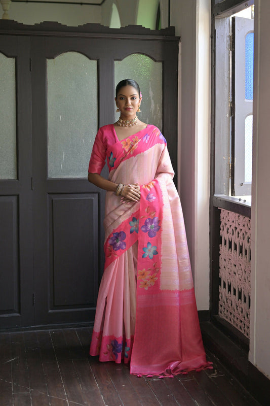 Vishnu Weaves Women's Pink banarasi Silk Saree with Blouse - Swadesiicart