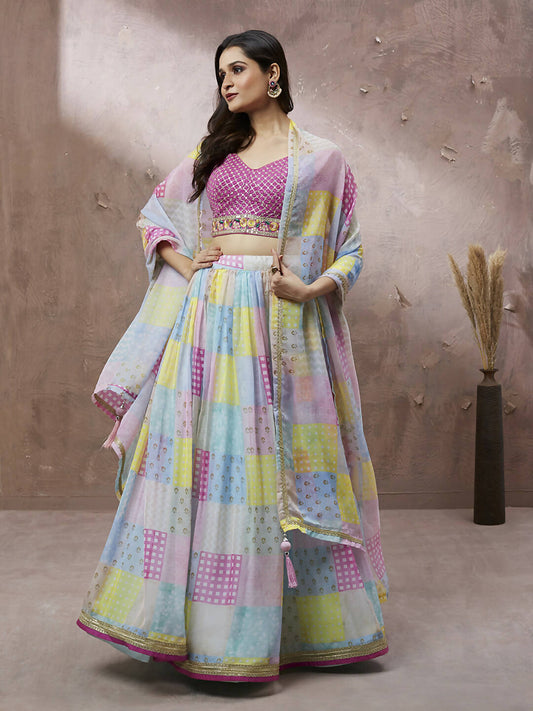 House of Panchhi Turquoise Blue Organza Floral Printed Lehenga choli & Dupatta | Swadesiicart