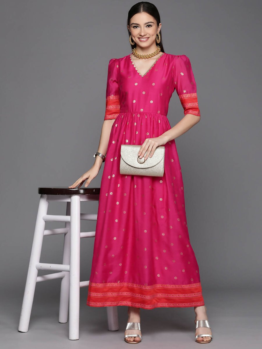 Ahalyaa Women's Pink Chanderi Gold Foil Print Dress | Swadesiicart