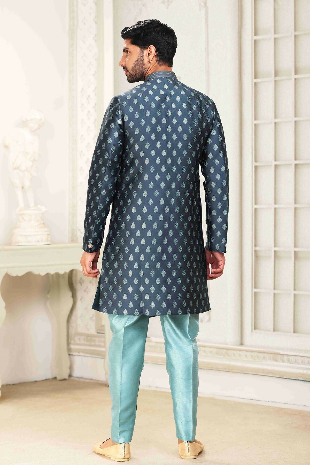 Raivat Ethnic Banarasi Jacquard Embroidery Semi Indo Western Sherwani In Grey Blue Colour | Swadesiicart