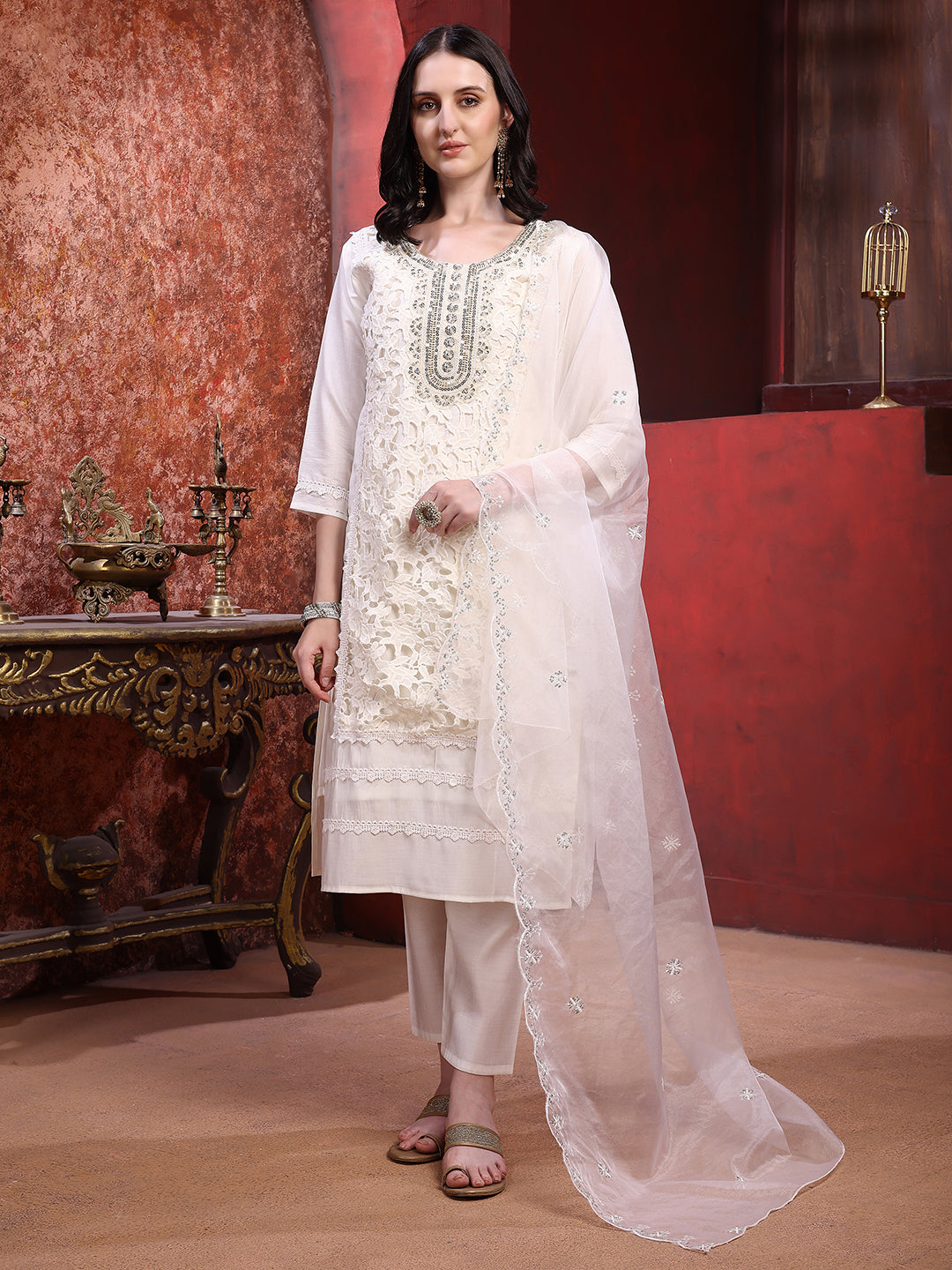 Applique Embroidered Kurta With Pant & Embroidered Dupatta, Cream - Hiral Fashion