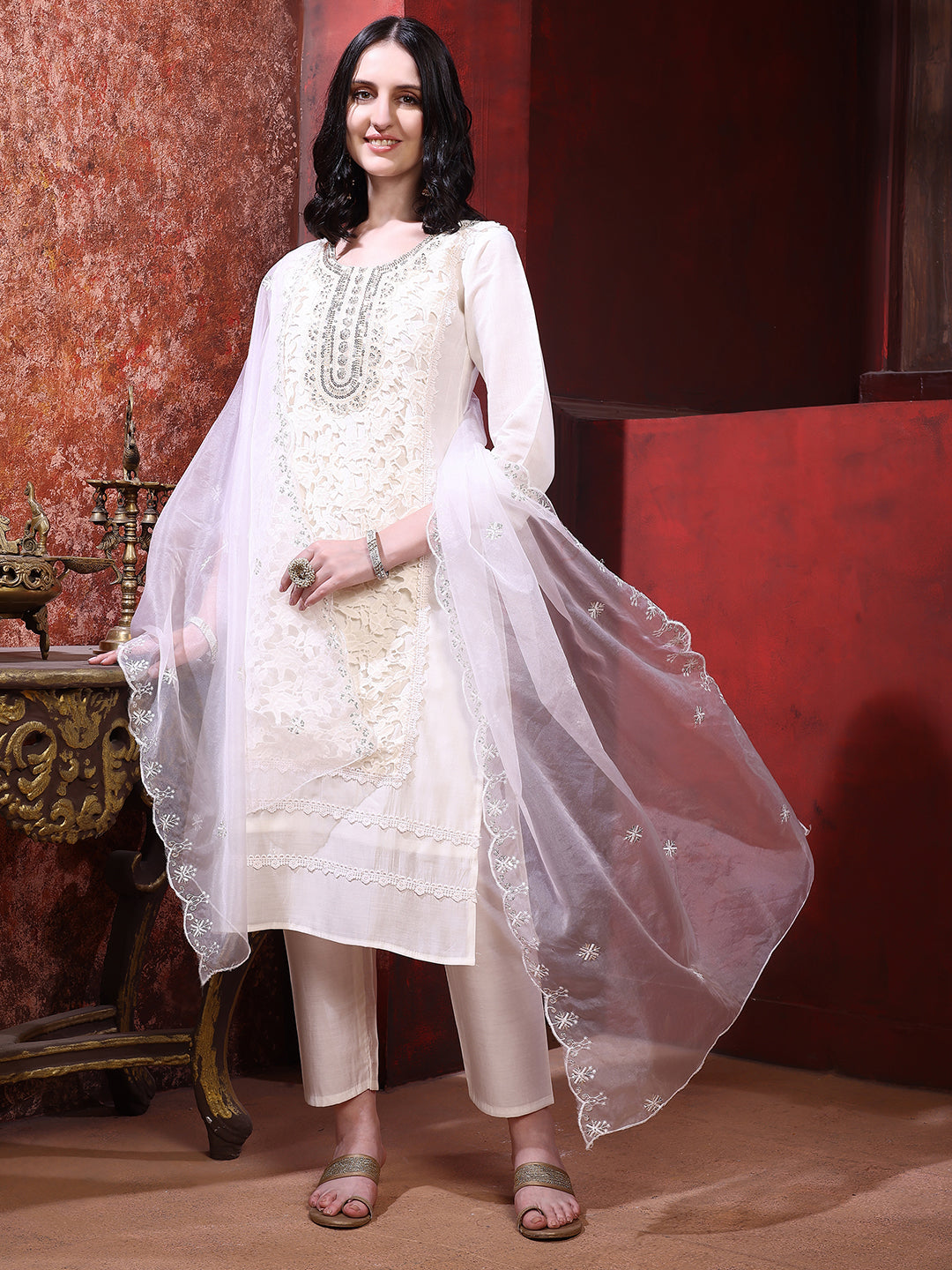 Applique Embroidered Kurta With Pant & Embroidered Dupatta, Cream - Hiral Fashion