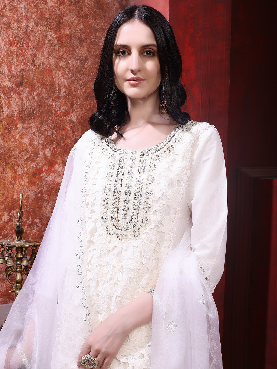 Applique Embroidered Kurta With Pant & Embroidered Dupatta, Cream - Hiral Fashion