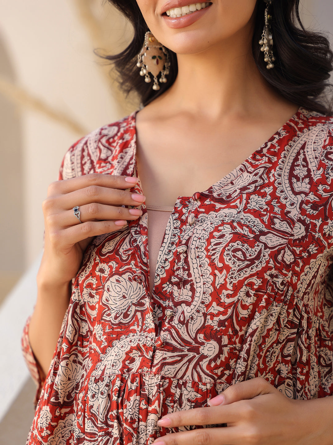 Janasya Dark Cotton Paisley A-Line Top & Bottom Set | Swadesiicart