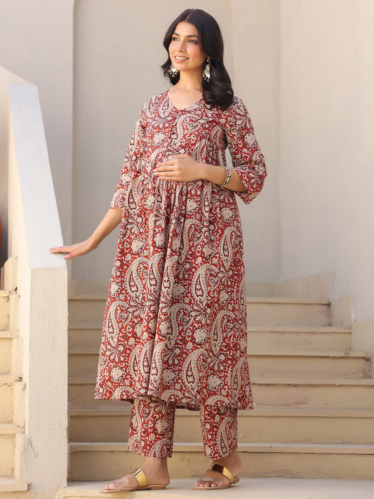 Janasya Dark Cotton Paisley A-Line Top & Bottom Set | Swadesiicart