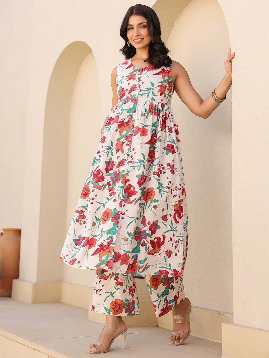 Janasya Light Cotton Floral A-Line Kurta Set | Swadesiicart