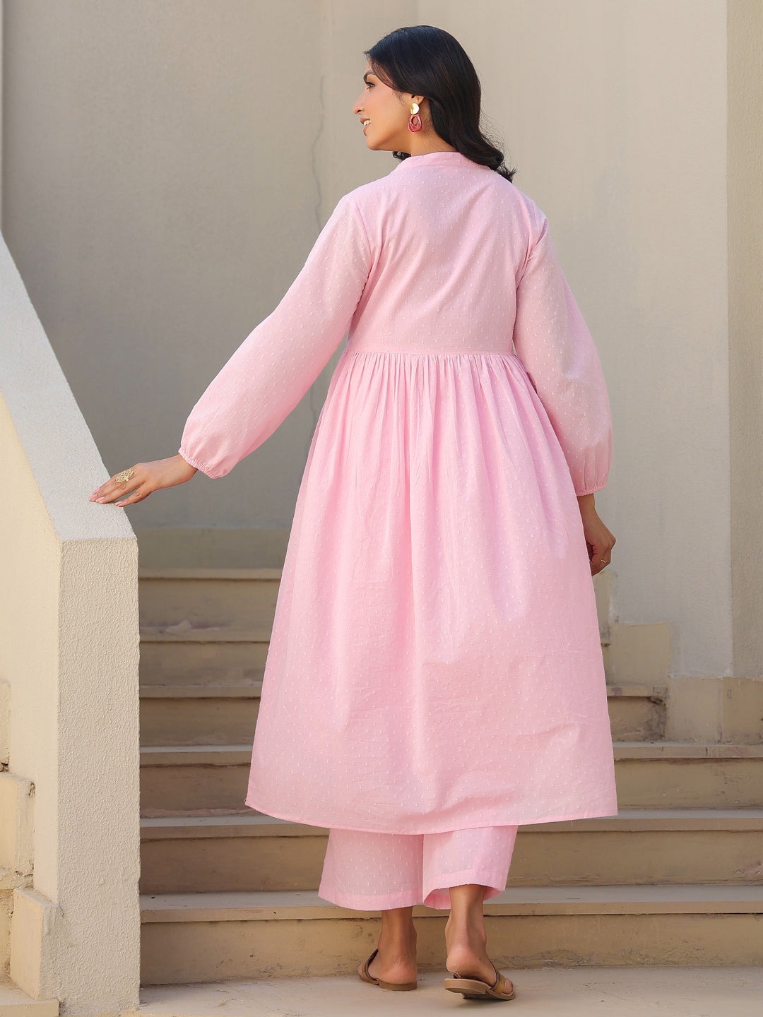 Janasya Light Dobby Cotton Self Design A-Line Kurta Set | Swadesiicart