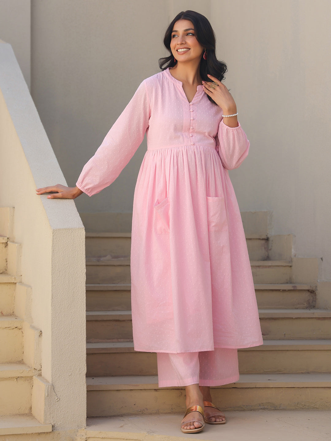 Janasya Light Dobby Cotton Self Design A-Line Kurta Set | Swadesiicart
