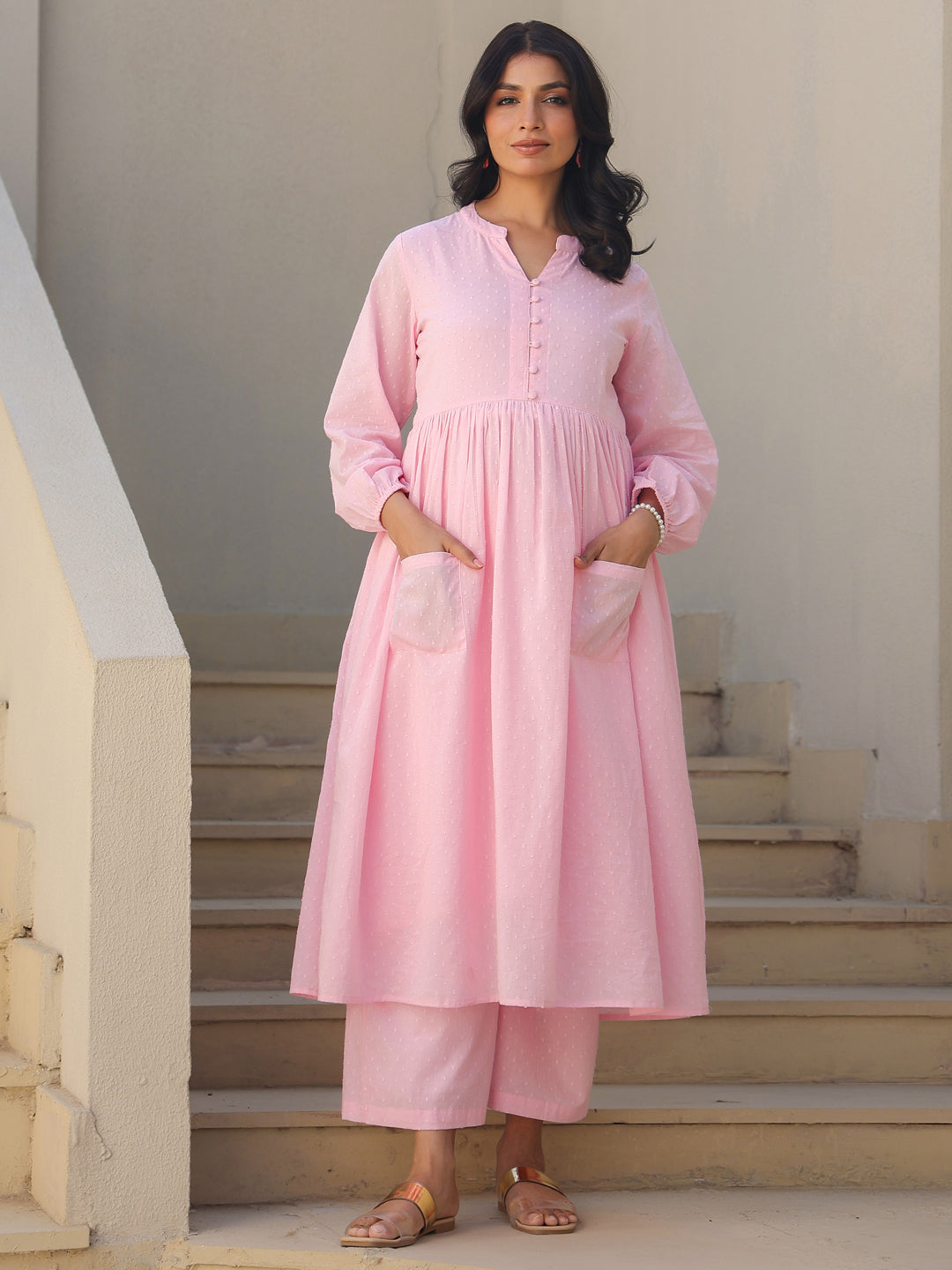 Janasya Light Dobby Cotton Self Design A-Line Kurta Set | Swadesiicart
