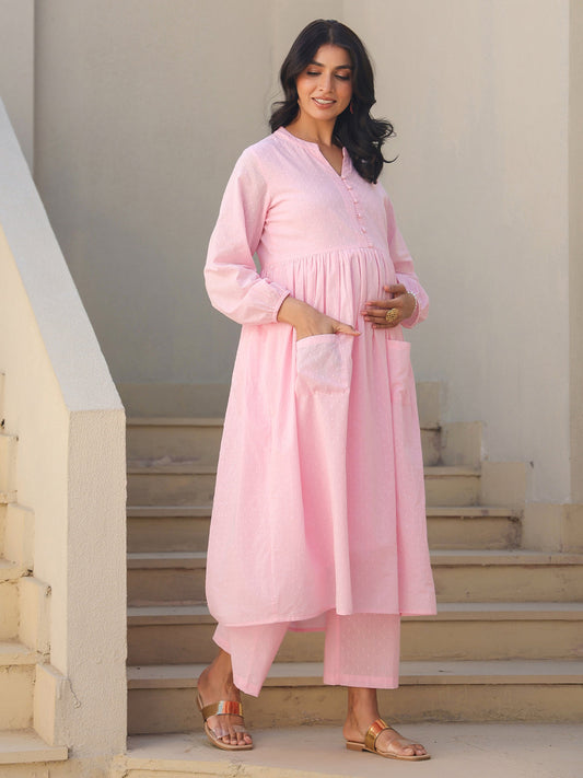 Janasya Light Dobby Cotton Self Design A-Line Kurta Set | Swadesiicart