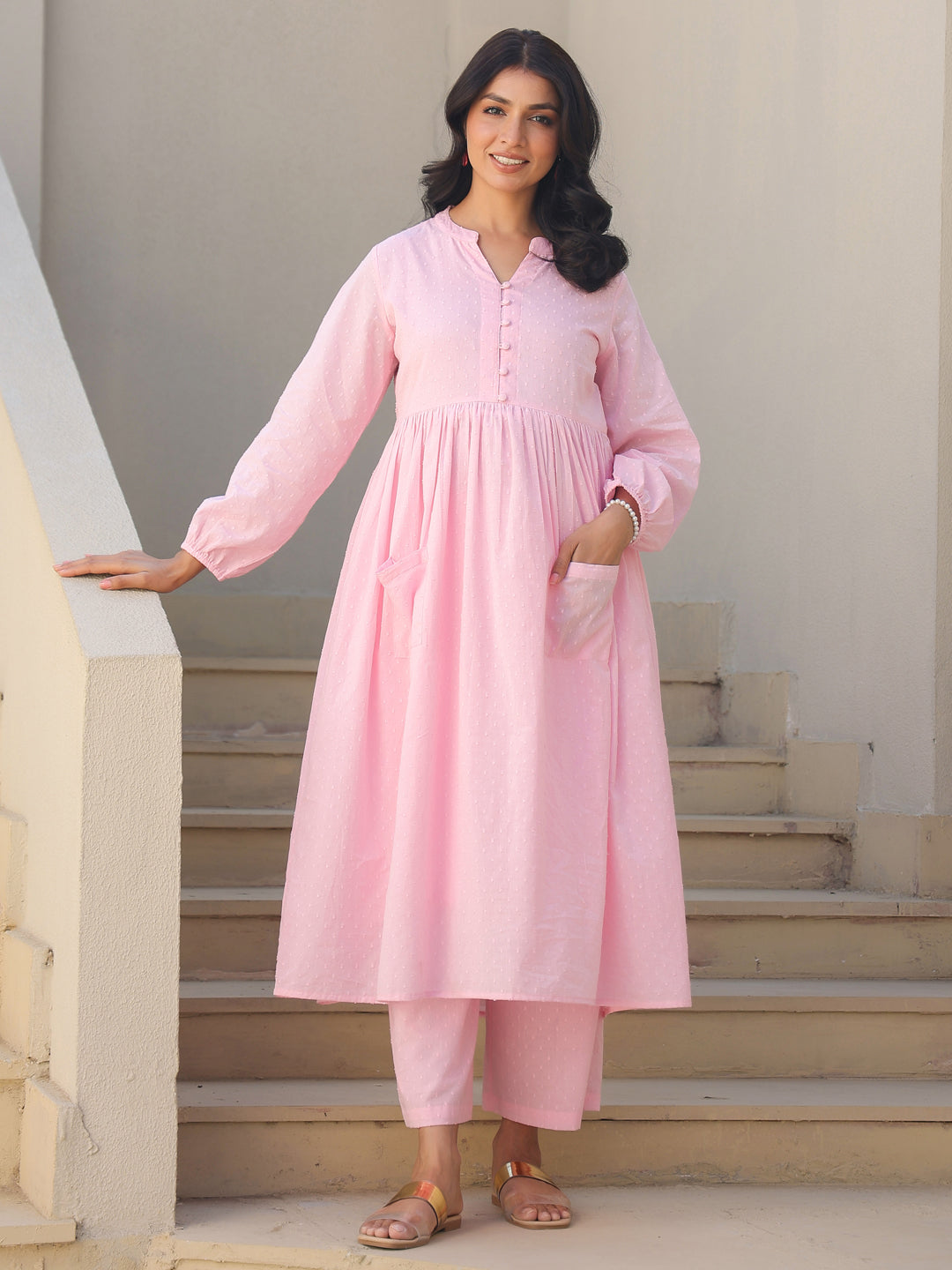 Janasya Light Dobby Cotton Self Design A-Line Kurta Set | Swadesiicart