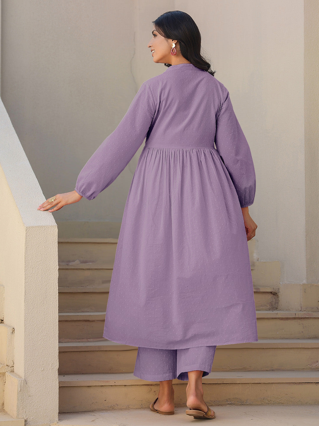 Janasya Light Dobby Cotton Self Design A-Line Kurta Set | Swadesiicart