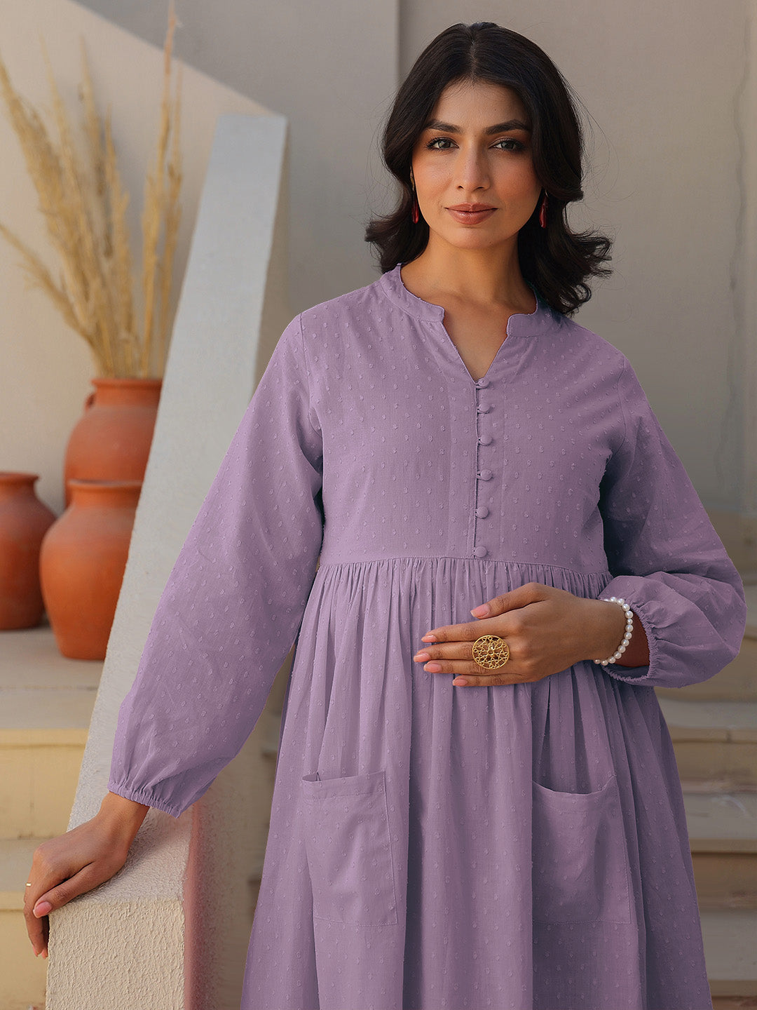Janasya Light Dobby Cotton Self Design A-Line Kurta Set | Swadesiicart