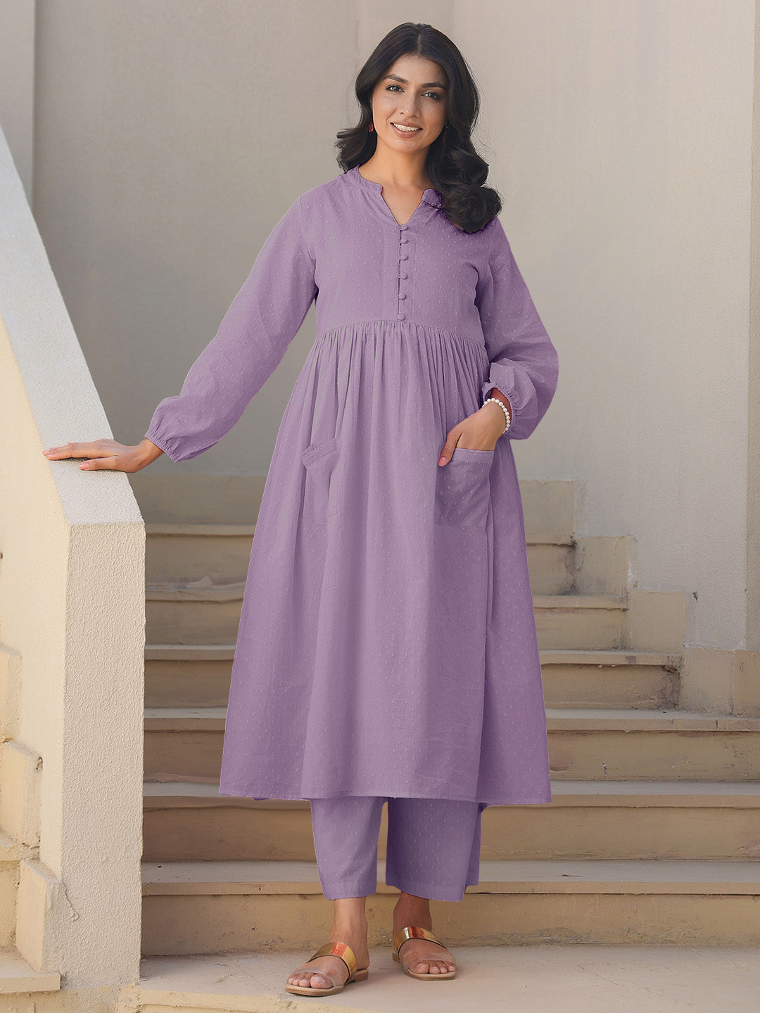 Janasya Light Dobby Cotton Self Design A-Line Kurta Set | Swadesiicart