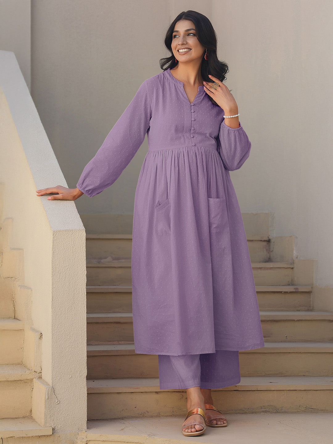 Janasya Light Dobby Cotton Self Design A-Line Kurta Set | Swadesiicart