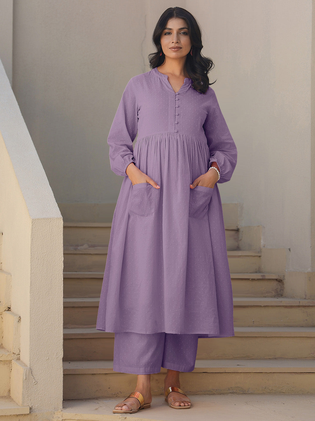 Janasya Light Dobby Cotton Self Design A-Line Kurta Set | Swadesiicart