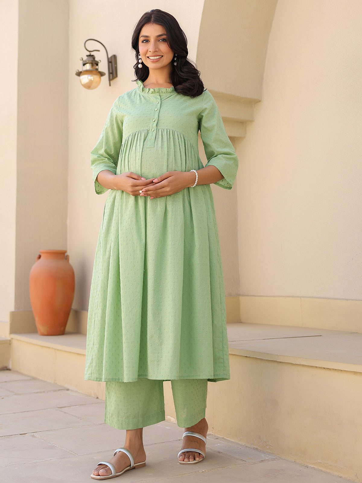 Janasya Light Dobby Cotton Self Design A-Line Kurta Set | Swadesiicart