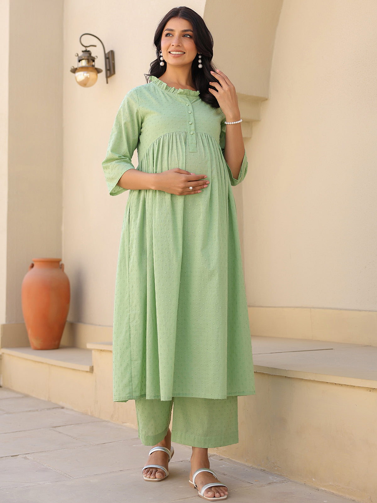 Janasya Light Dobby Cotton Self Design A-Line Kurta Set | Swadesiicart