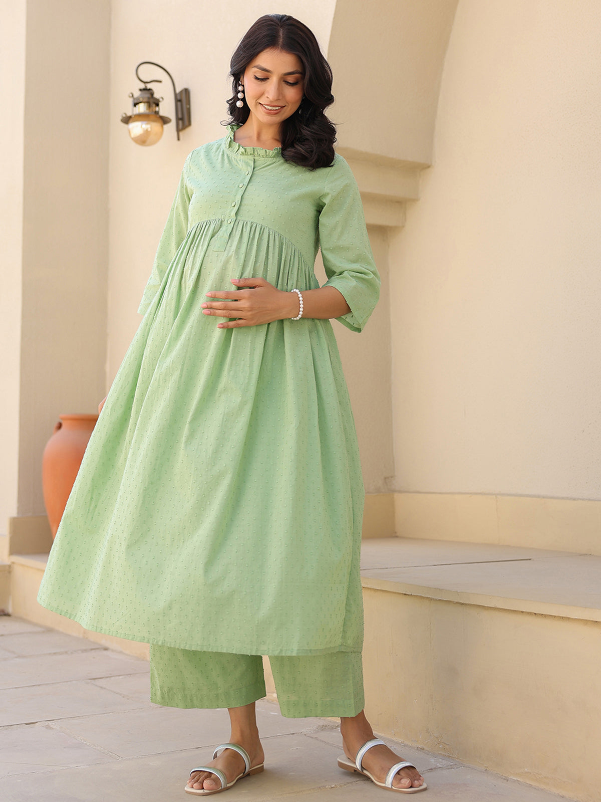 Janasya Light Dobby Cotton Self Design A-Line Kurta Set | Swadesiicart
