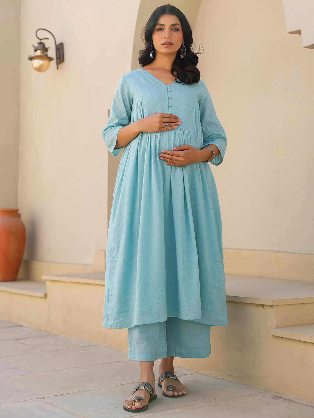 Janasya Light Dobby Cotton Self Design A-Line Top & Bottom Set | Swadesiicart