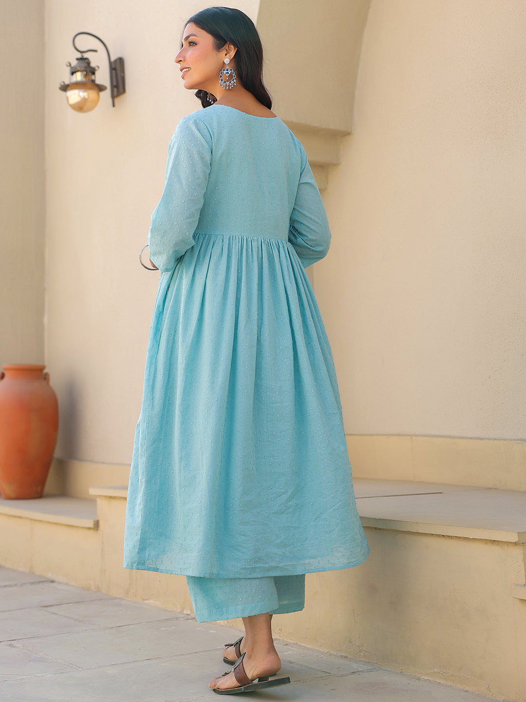 Janasya Light Dobby Cotton Self Design A-Line Top & Bottom Set | Swadesiicart