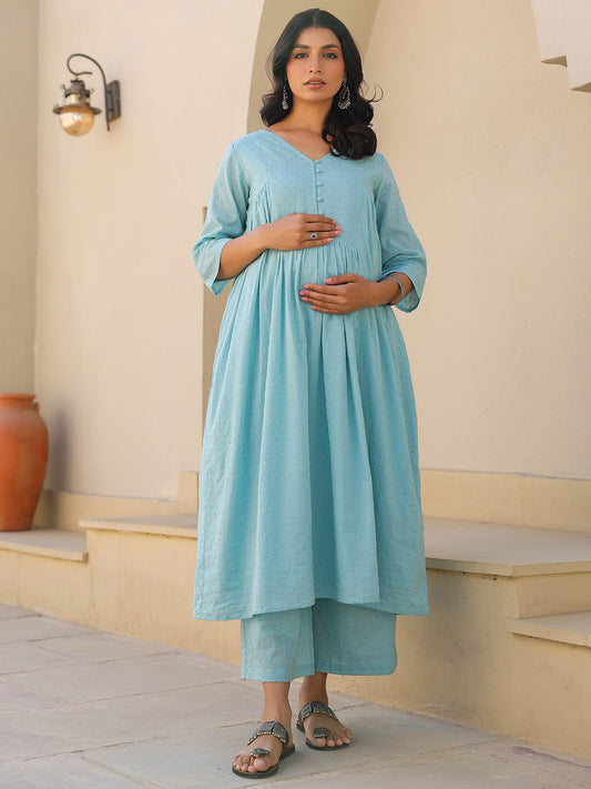 Janasya Light Dobby Cotton Self Design A-Line Top & Bottom Set | Swadesiicart